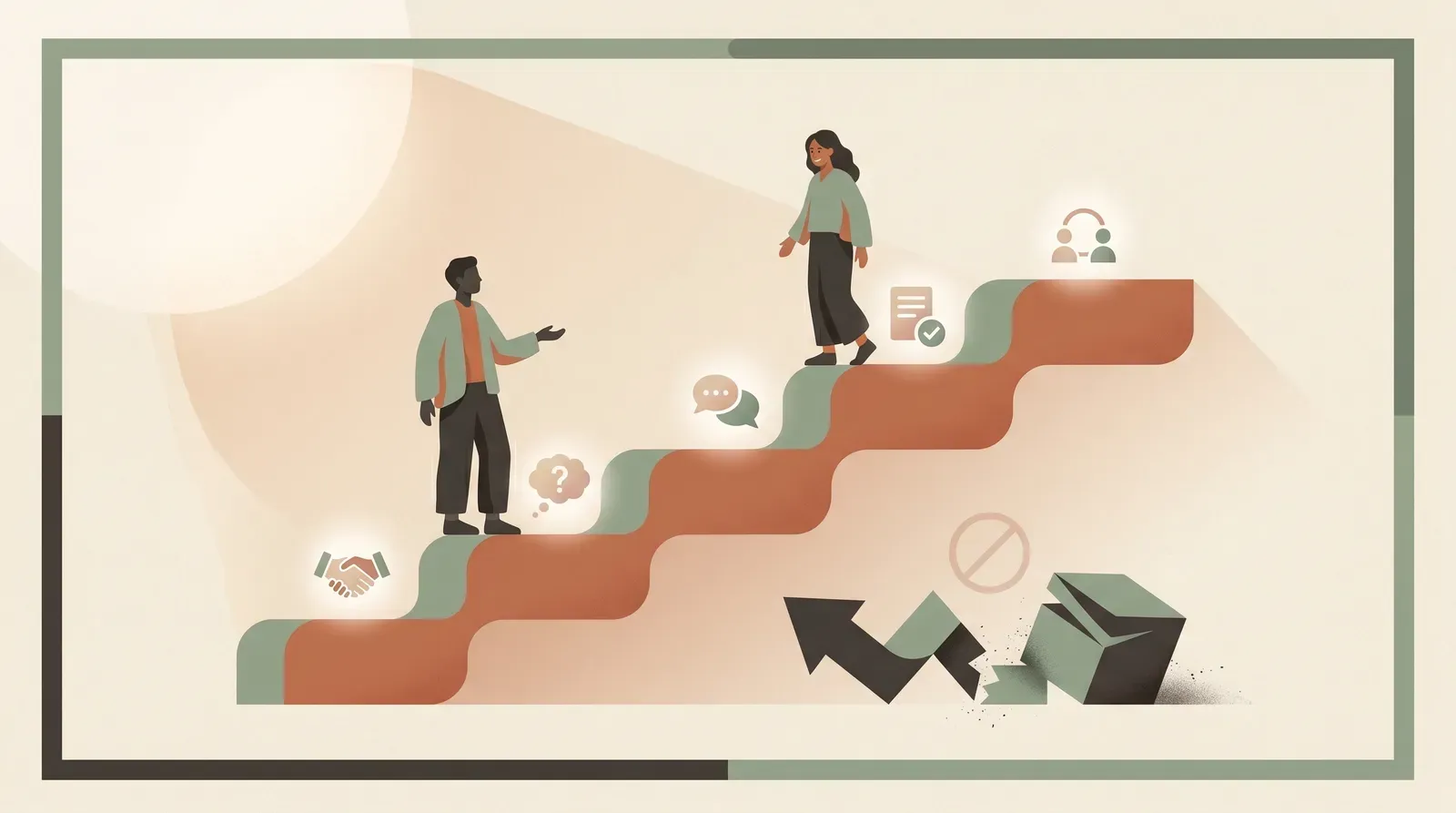Editorial-Illustration zum Thema „Abschlussfragen, die nicht nach Verkäufer klingen: die Commitment-Treppe' in warmen Terracotta- und Salbeitönen im Lindoza-Proberaum-Stil