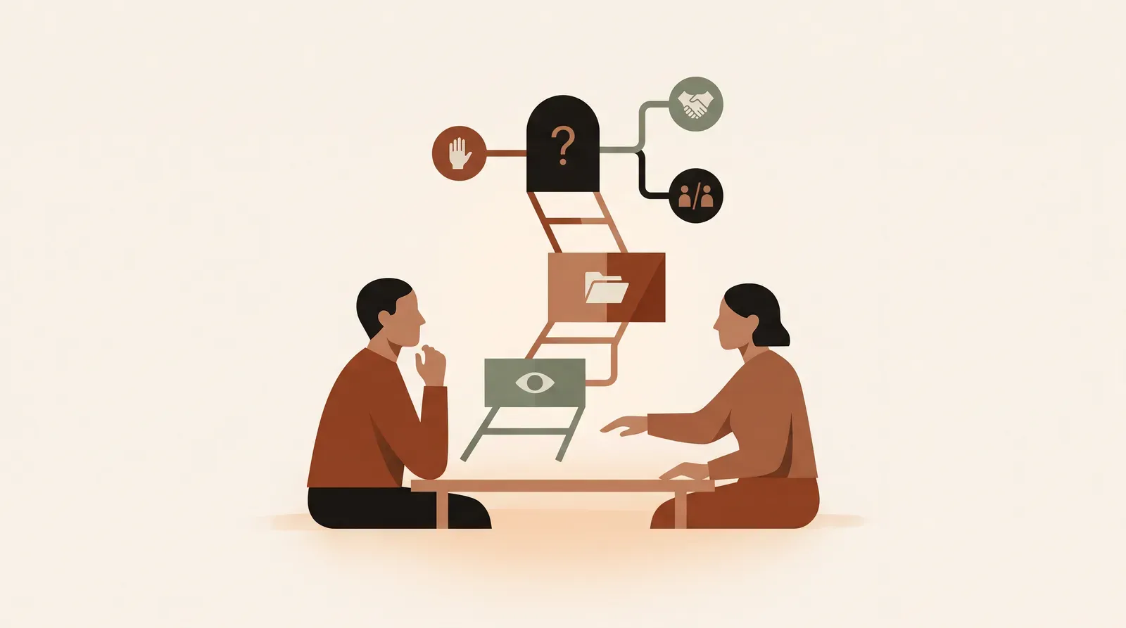 Editorial-Illustration zum Thema „Eine Affäre ansprechen: den Partner auf Verdacht oder Beweis ansprechen' in warmen Terracotta- und Salbeitönen im Lindoza-Proberaum-Stil