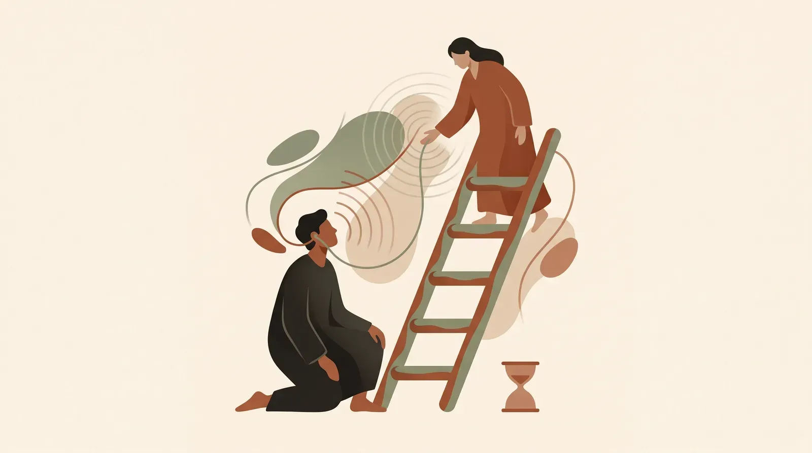 Editorial-Illustration zum Thema „Aktives Zuhören lernen: Die 5-Stufen-Leiter statt 10 Tipps' in warmen Terracotta- und Salbeitönen im Lindoza-Proberaum-Stil