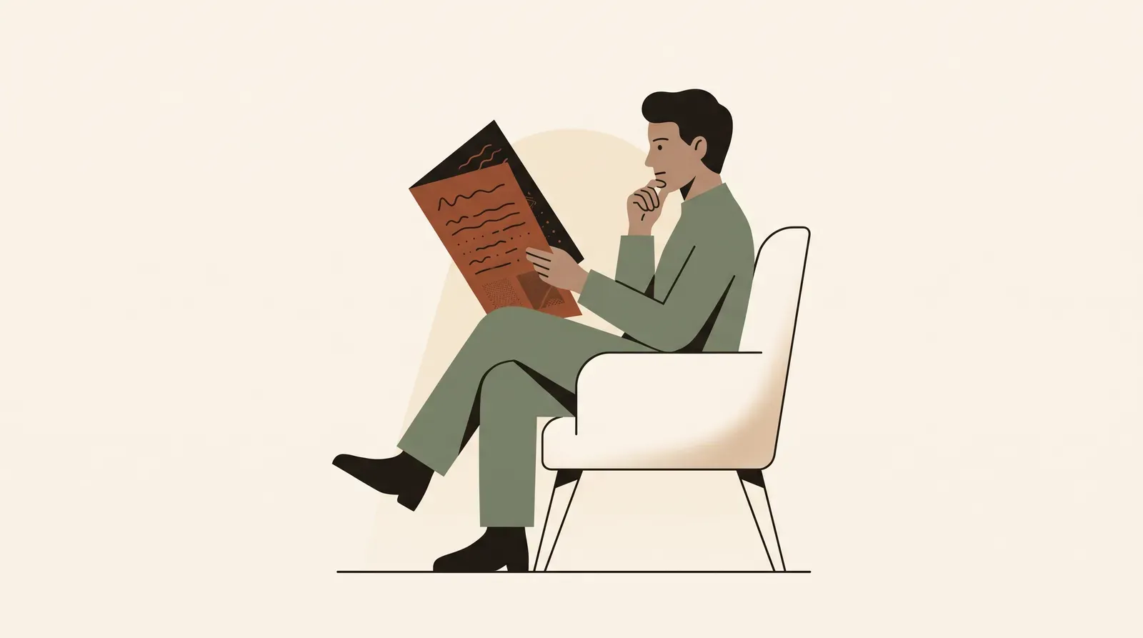 Editorial-Illustration zum Thema „Arbeitszeugnis: Formulierungen fordern und Code lesen' in warmen Terracotta- und Salbeitönen im Lindoza-Proberaum-Stil