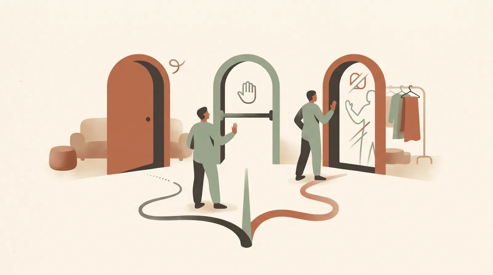 Editorial-Illustration zum Thema „Auf Beleidigungen reagieren: ignorieren, Grenze oder Konter' in warmen Terracotta- und Salbeitönen im Lindoza-Proberaum-Stil