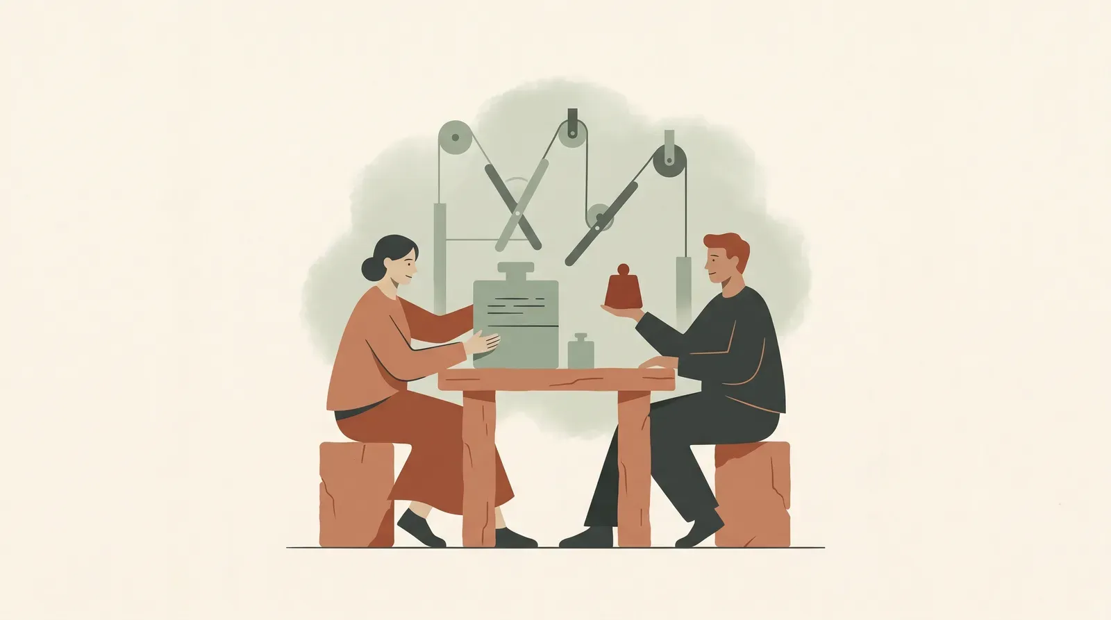 Editorial-Illustration zum Thema „Aufhebungsvertrag verhandeln: Abfindung statt erstem Angebot' in warmen Terracotta- und Salbeitönen im Lindoza-Proberaum-Stil
