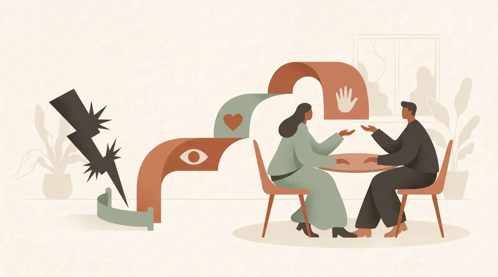 Editorial-Illustration zum Thema „Beziehungsprobleme ansprechen, ohne dass es zum Streit wird' in warmen Terracotta- und Salbeitönen im Lindoza-Proberaum-Stil