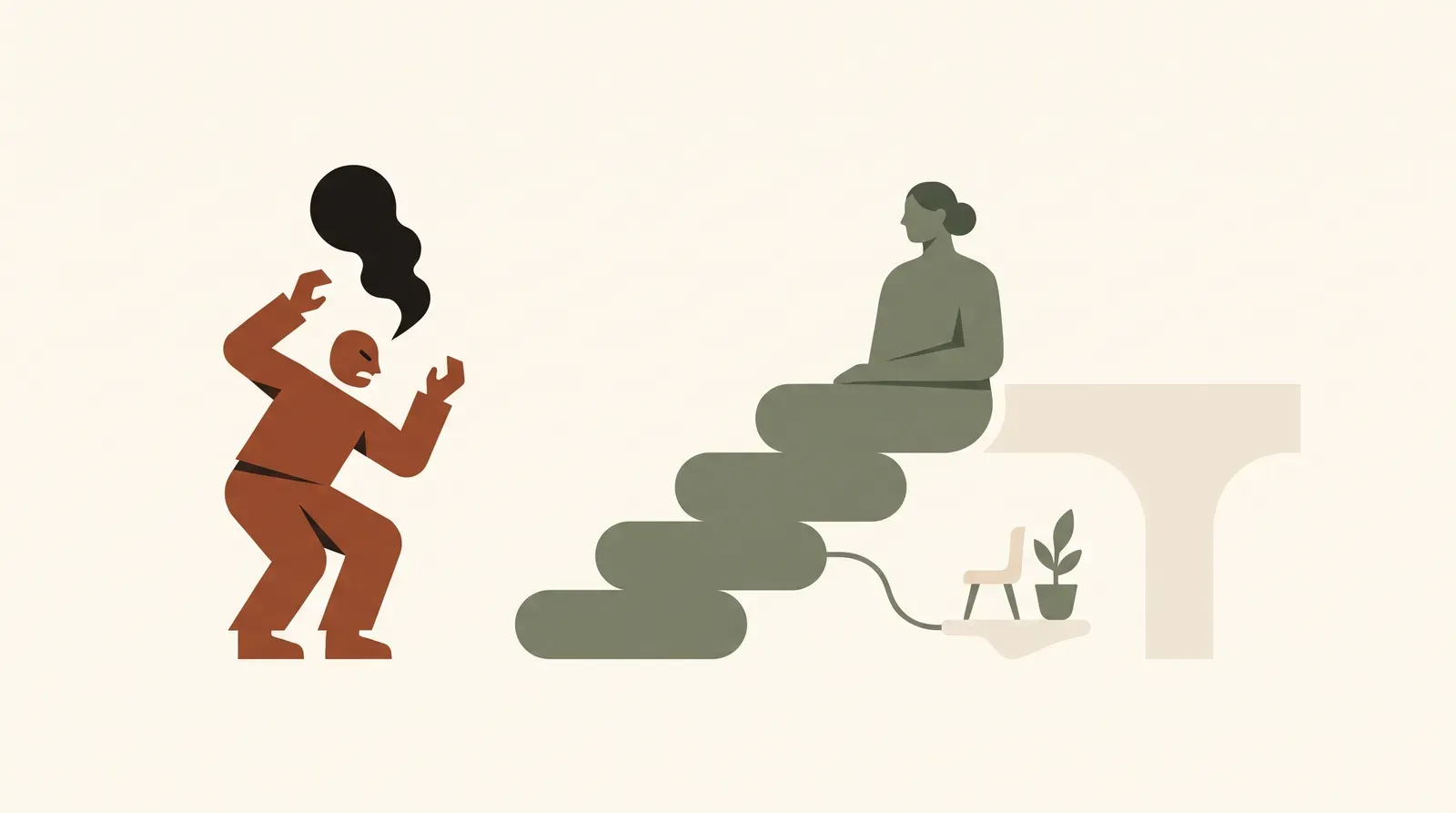Editorial-Illustration zum Thema „Choleriker im Wutausbruch: in 4 Schritten deeskalieren statt argumentieren' in warmen Terracotta- und Salbeitönen im Lindoza-Proberaum-Stil