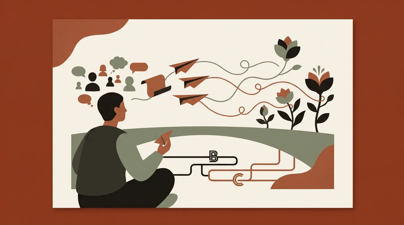 Editorial-Illustration zum Thema „Cold Email an Interview-Prospects: 5 Vorlagen, die ich getestet habe' in warmen Terracotta- und Salbeitönen im Lindoza-Proberaum-Stil
