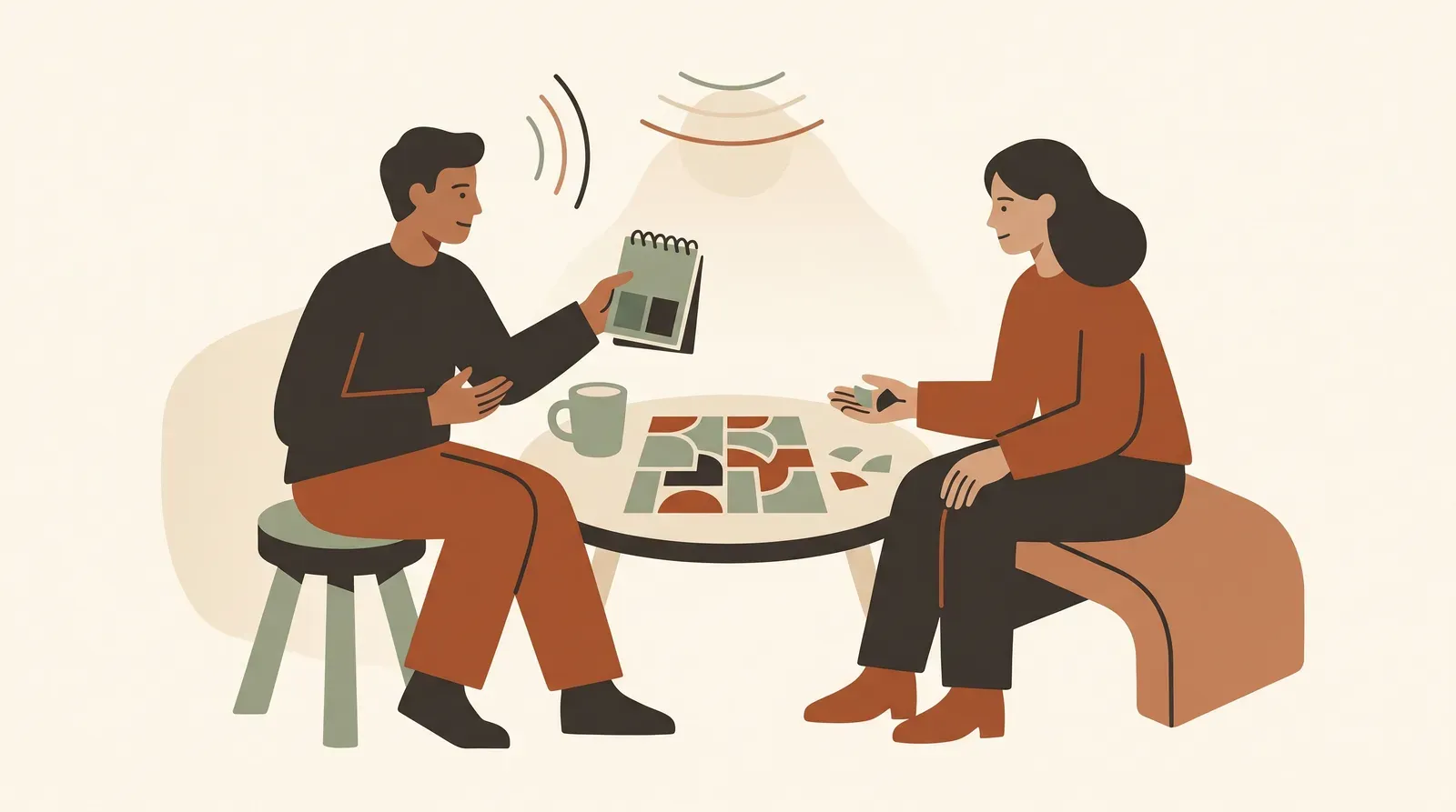 Editorial-Illustration zum Thema „Wie viele Customer-Discovery-Interviews brauchst du wirklich?' in warmen Terracotta- und Salbeitönen im Lindoza-Proberaum-Stil