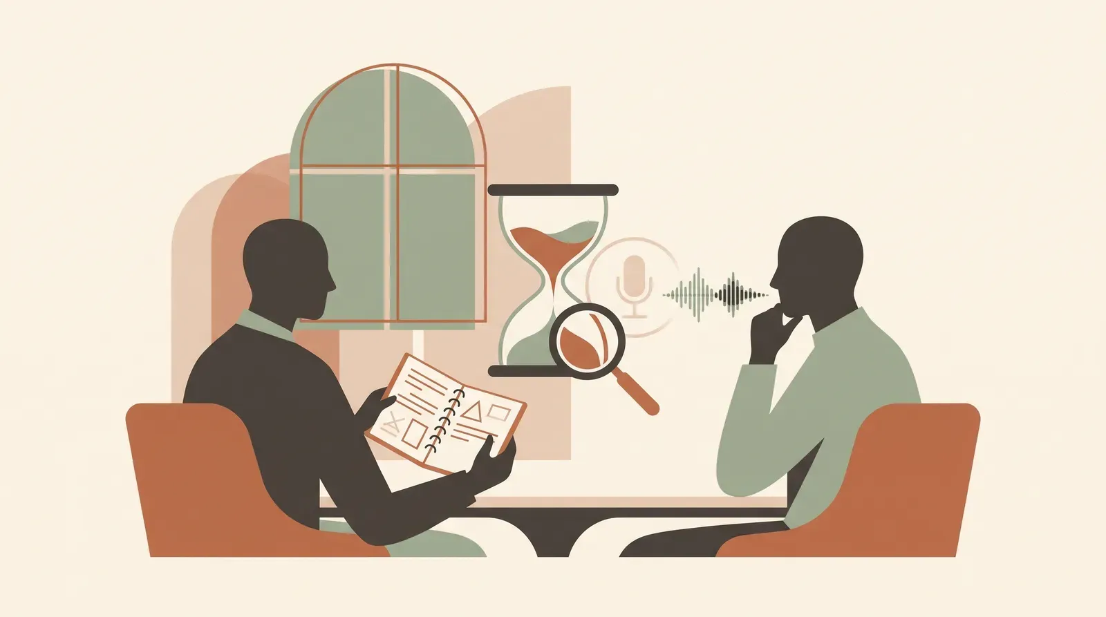 Editorial-Illustration zum Thema „Customer Interview vorbereiten: 30-Min-Protokoll, Fragen, Fehler' in warmen Terracotta- und Salbeitönen im Lindoza-Proberaum-Stil
