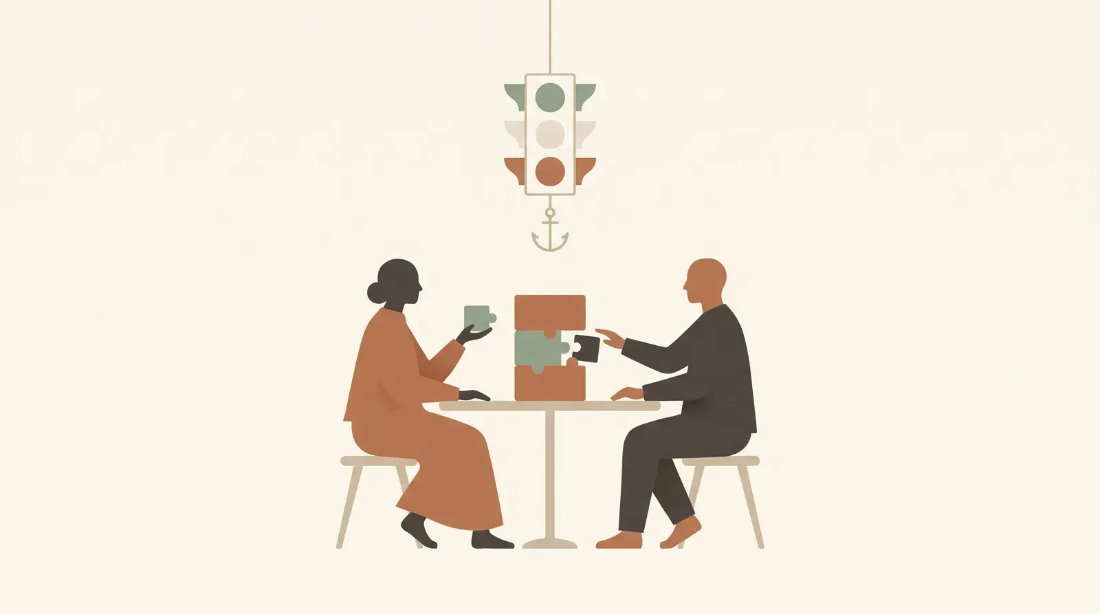 Editorial-Illustration zum Thema „Discount-Falle: Warum jeder vorschnelle Rabatt den Preis dauerhaft senkt' in warmen Terracotta- und Salbeitönen im Lindoza-Proberaum-Stil