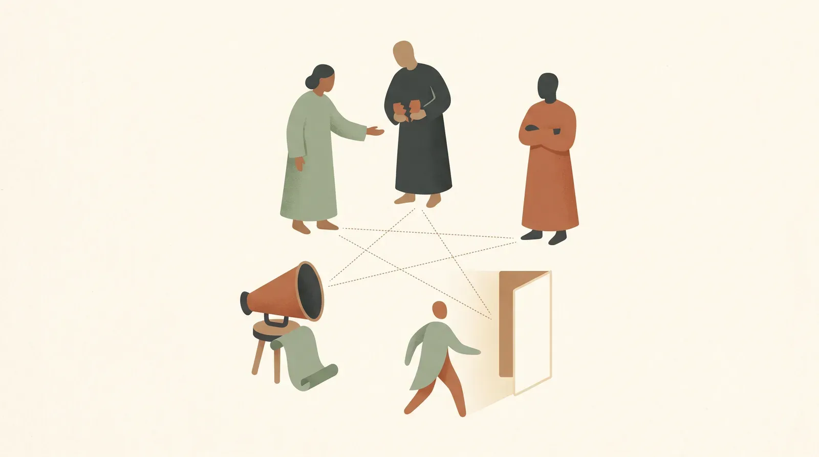 Editorial-Illustration zum Thema „Dauer-Nörgler und Opferrolle: das Drama-Dreieck im Job durchbrechen' in warmen Terracotta- und Salbeitönen im Lindoza-Proberaum-Stil