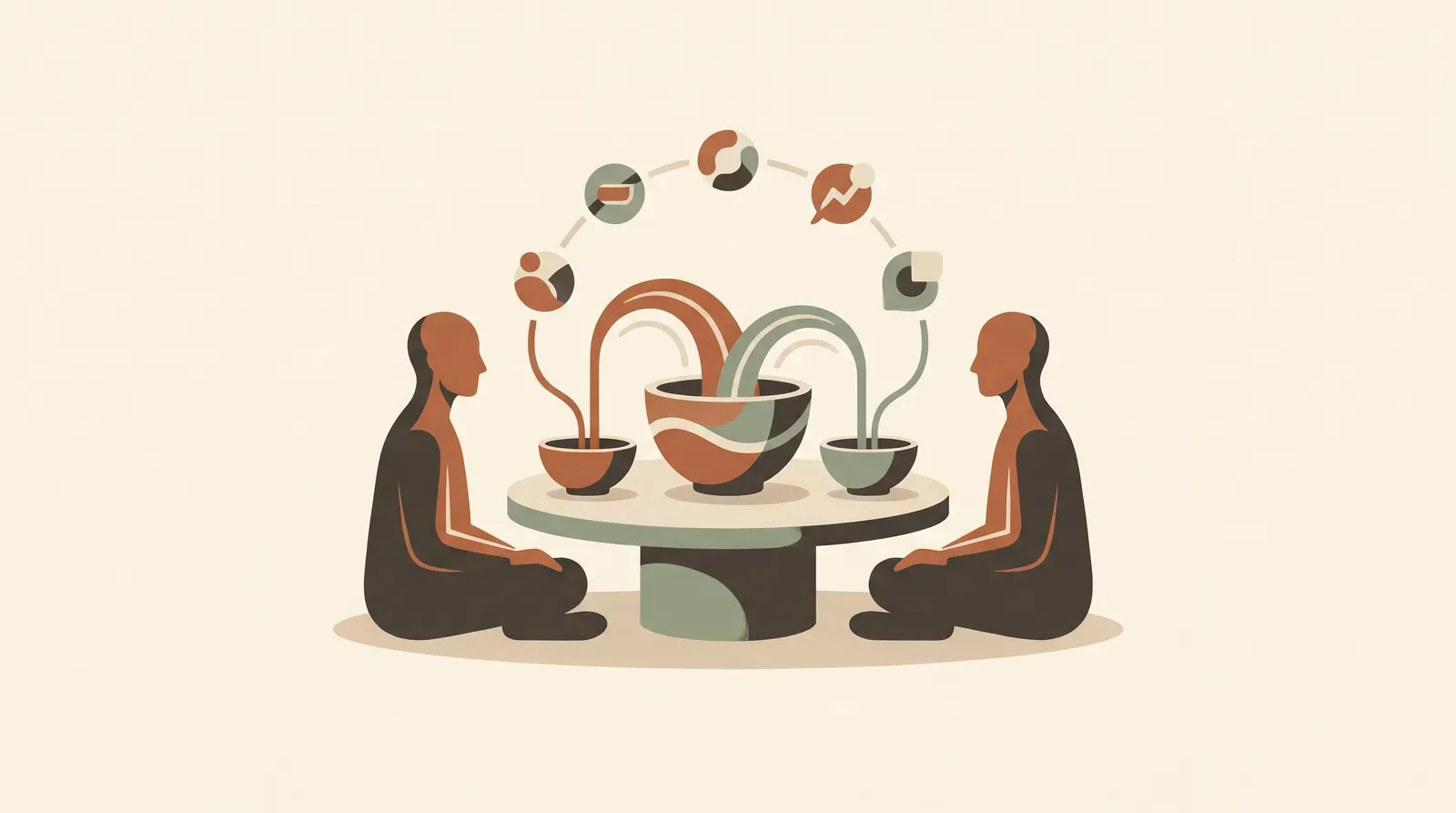 Editorial-Illustration zum Thema „3-Konten-Modell für Paare: Beitrag fair festlegen (50/50 oder anteilig)' in warmen Terracotta- und Salbeitönen im Lindoza-Proberaum-Stil