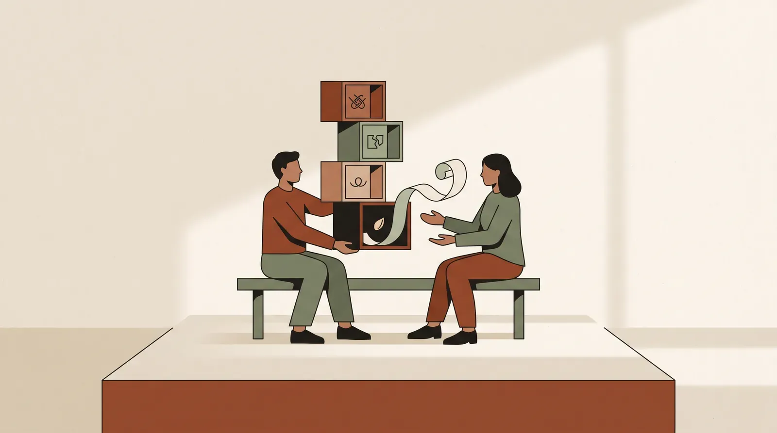 Editorial-Illustration zum Thema „Eifersucht ansprechen, ohne dem Partner Vorwürfe zu machen' in warmen Terracotta- und Salbeitönen im Lindoza-Proberaum-Stil