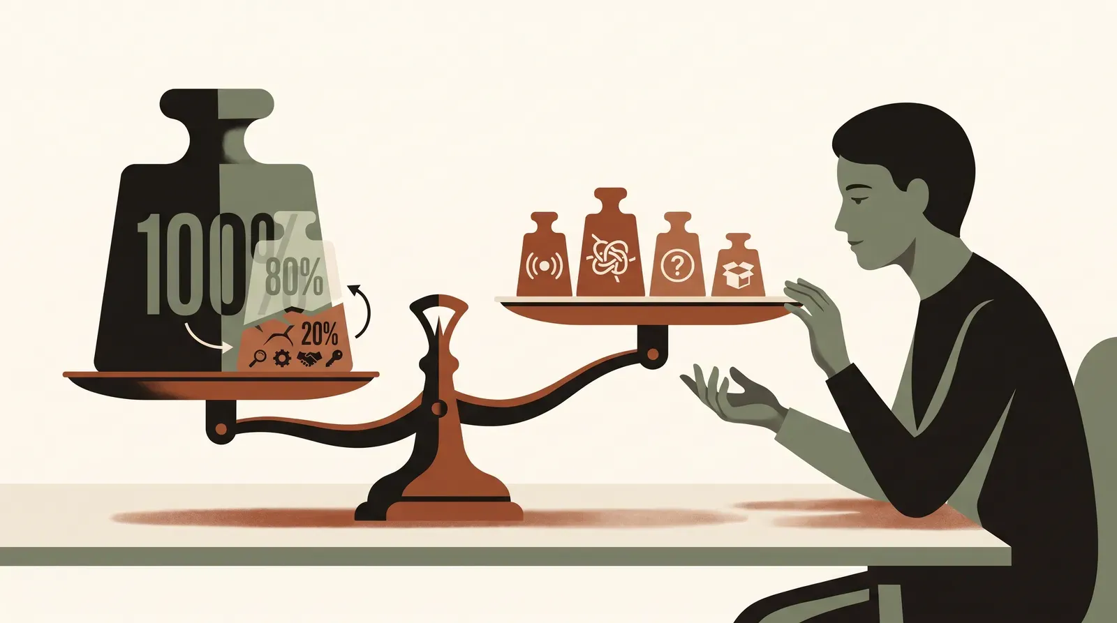 Editorial-Illustration zum Thema „Einwand „Wir haben schon eine Lösung“: die Wechselkosten-Waage' in warmen Terracotta- und Salbeitönen im Lindoza-Proberaum-Stil