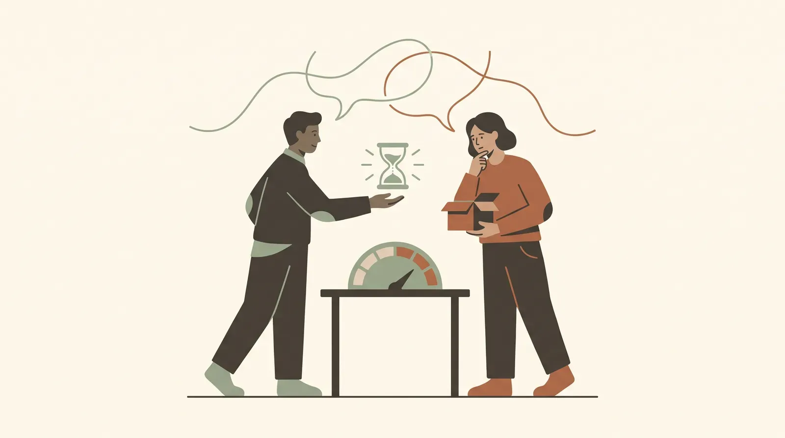 Editorial-Illustration zum Thema „Einwand oder Vorwand erkennen: der 10-Sekunden-Test im Gespräch' in warmen Terracotta- und Salbeitönen im Lindoza-Proberaum-Stil