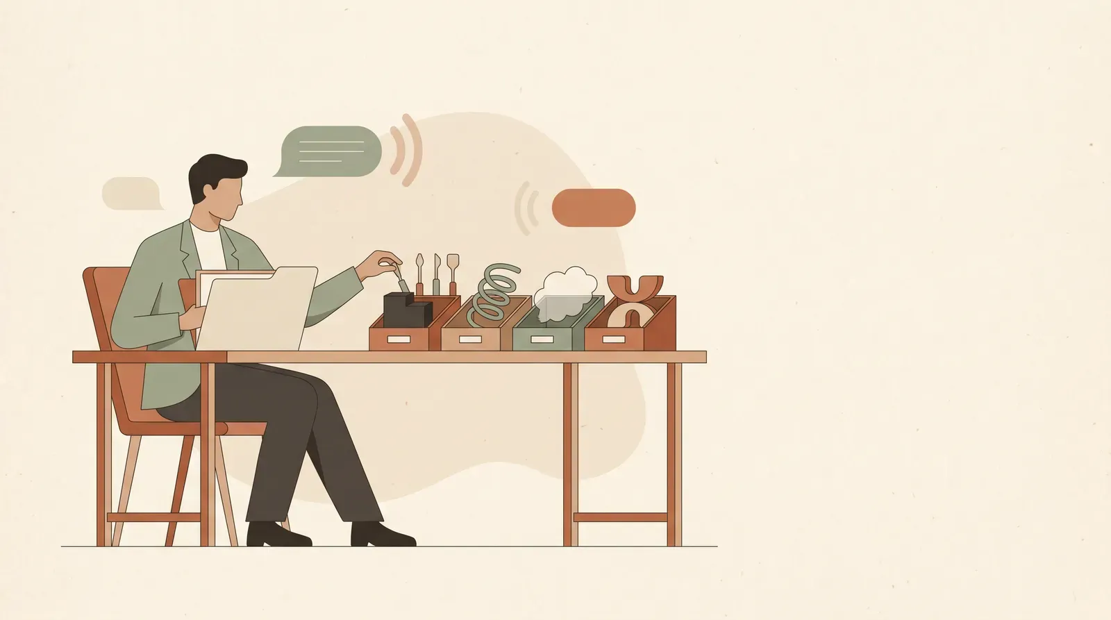 Editorial-Illustration zum Thema „Einwandbehandlung im B2B-Founder-Sales: der vollständige Leitfaden' in warmen Terracotta- und Salbeitönen im Lindoza-Proberaum-Stil