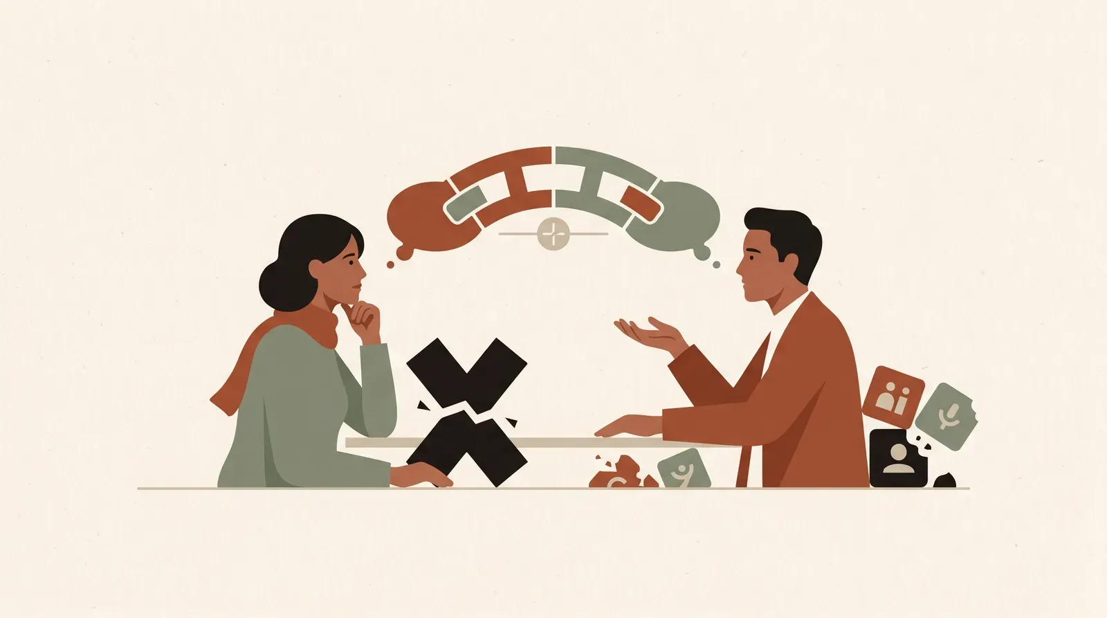 Editorial-Illustration zum Thema „Empathie zeigen, ohne zuzustimmen: die UND-statt-ABER-Brücke' in warmen Terracotta- und Salbeitönen im Lindoza-Proberaum-Stil