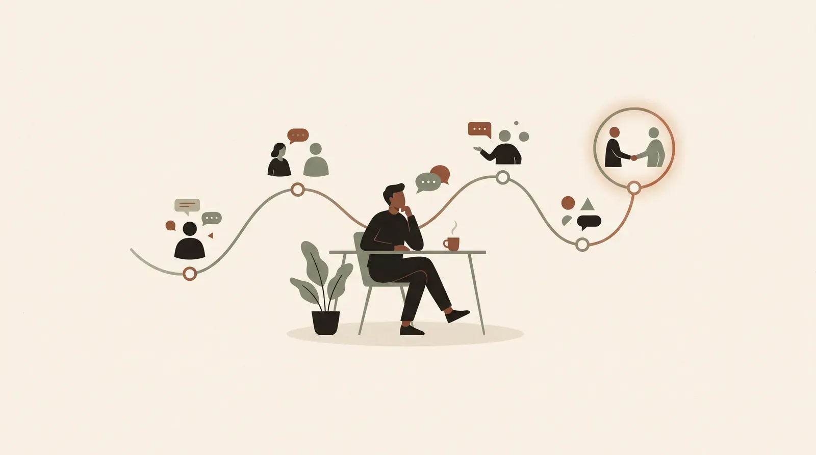 Editorial-Illustration zum Thema „Die ersten 90 Tage im neuen Job: Die 5 Gespräche der Probezeit' in warmen Terracotta- und Salbeitönen im Lindoza-Proberaum-Stil