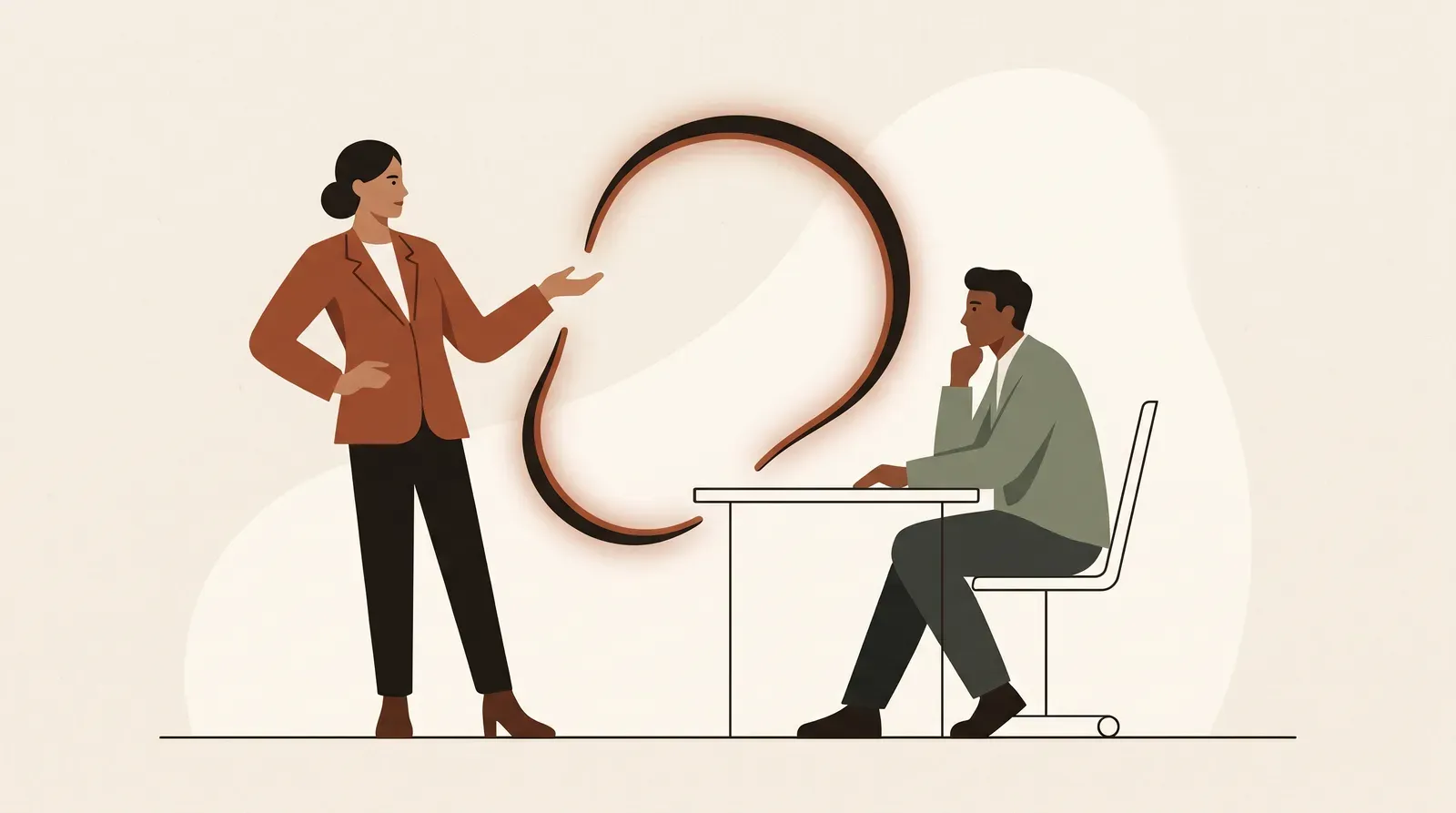 Editorial-Illustration zum Thema „„Erzählen Sie etwas über sich“: 90-Sekunden-Antwort + 3 Skripte' in warmen Terracotta- und Salbeitönen im Lindoza-Proberaum-Stil