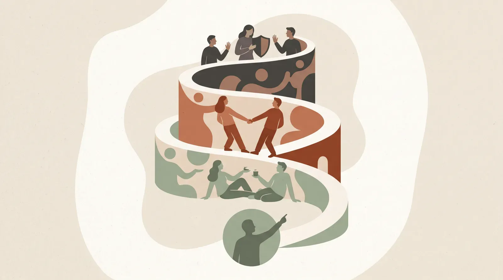 Editorial-Illustration zum Thema „Glasls 9 Eskalationsstufen nutzen: Welche Stufe braucht welche Reaktion' in warmen Terracotta- und Salbeitönen im Lindoza-Proberaum-Stil