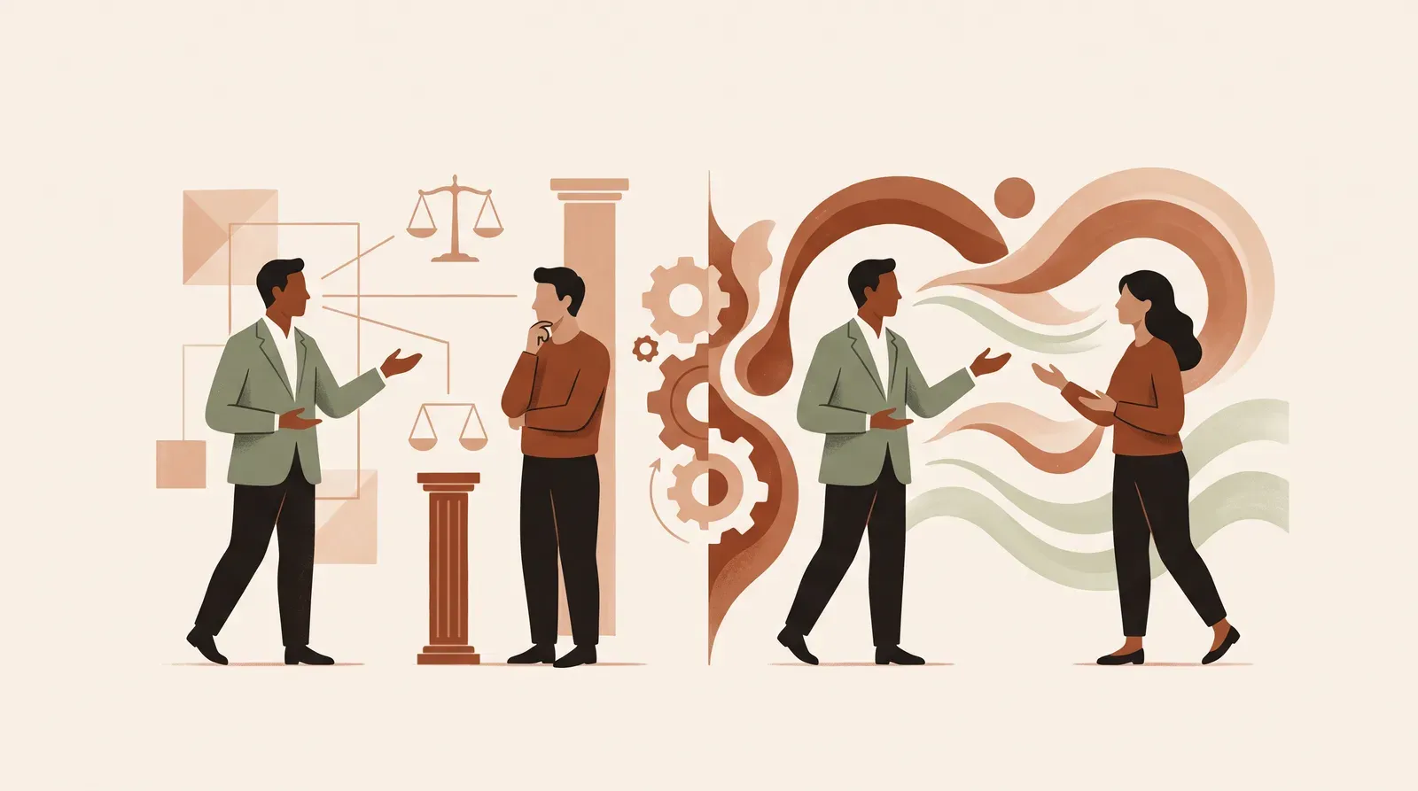 Editorial-Illustration zum Thema „Ethos, Pathos, Logos: Die 3 Überzeugungsmittel des Aristoteles richtig mischen' in warmen Terracotta- und Salbeitönen im Lindoza-Proberaum-Stil
