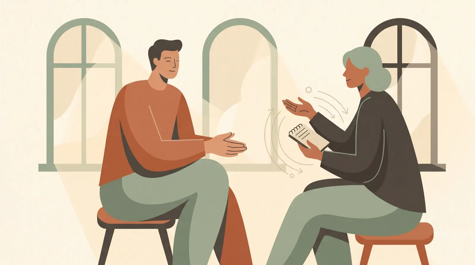 Editorial-Illustration zum Thema „Feedback annehmen, ohne defensiv zu werden: 3 Sätze' in warmen Terracotta- und Salbeitönen im Lindoza-Proberaum-Stil