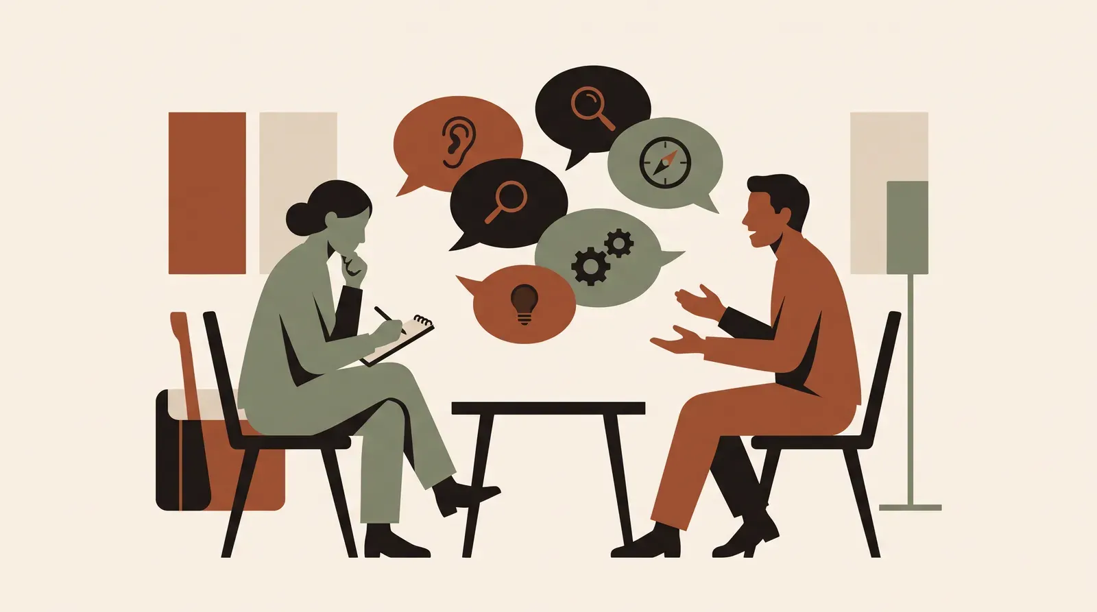 Editorial-Illustration zum Thema „Feedback nach einem Gespräch einholen: 7 Fragen für ehrliche Antworten' in warmen Terracotta- und Salbeitönen im Lindoza-Proberaum-Stil