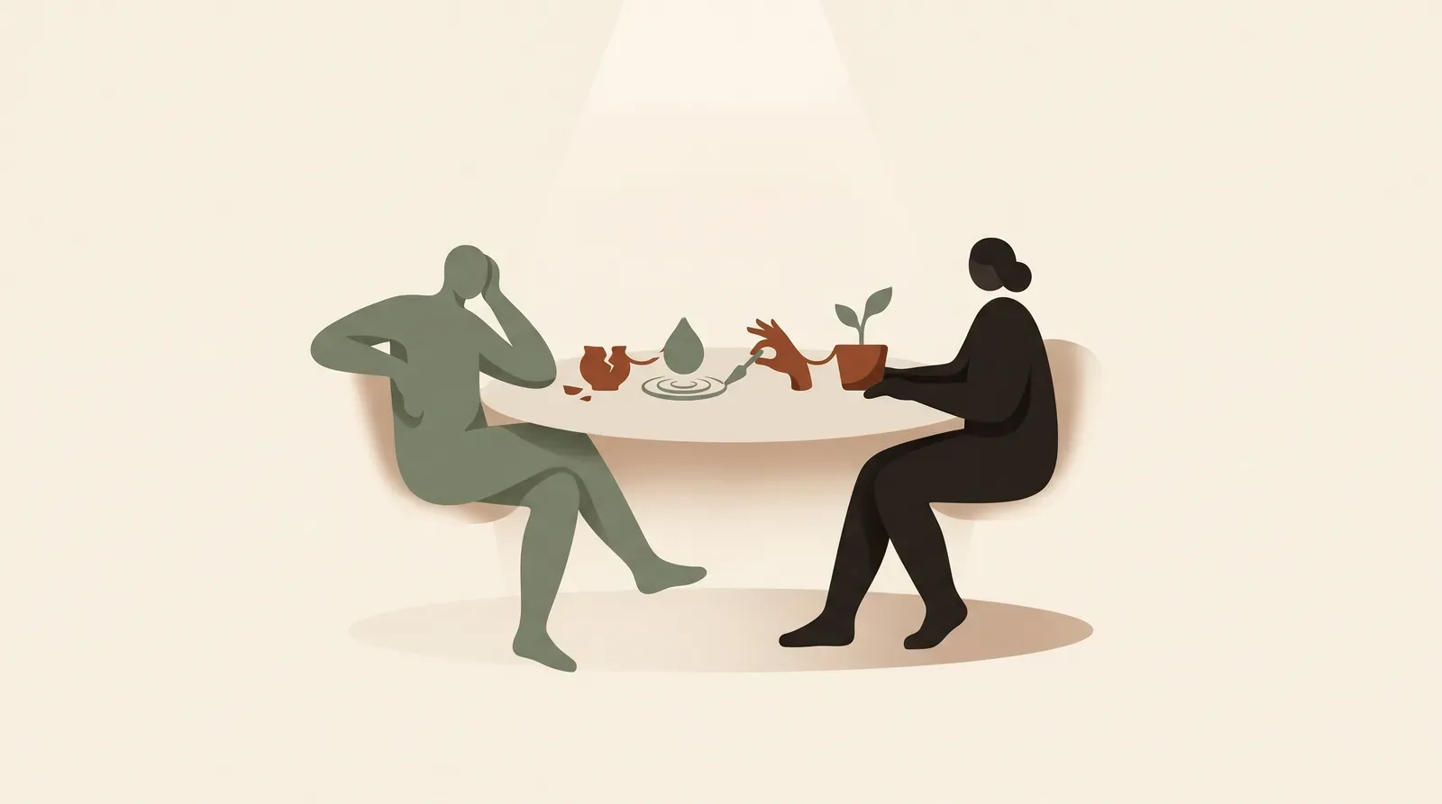 Editorial-Illustration zum Thema „Fehler in der Probezeit ansprechen: Patzer melden, ohne den Job zu riskieren' in warmen Terracotta- und Salbeitönen im Lindoza-Proberaum-Stil