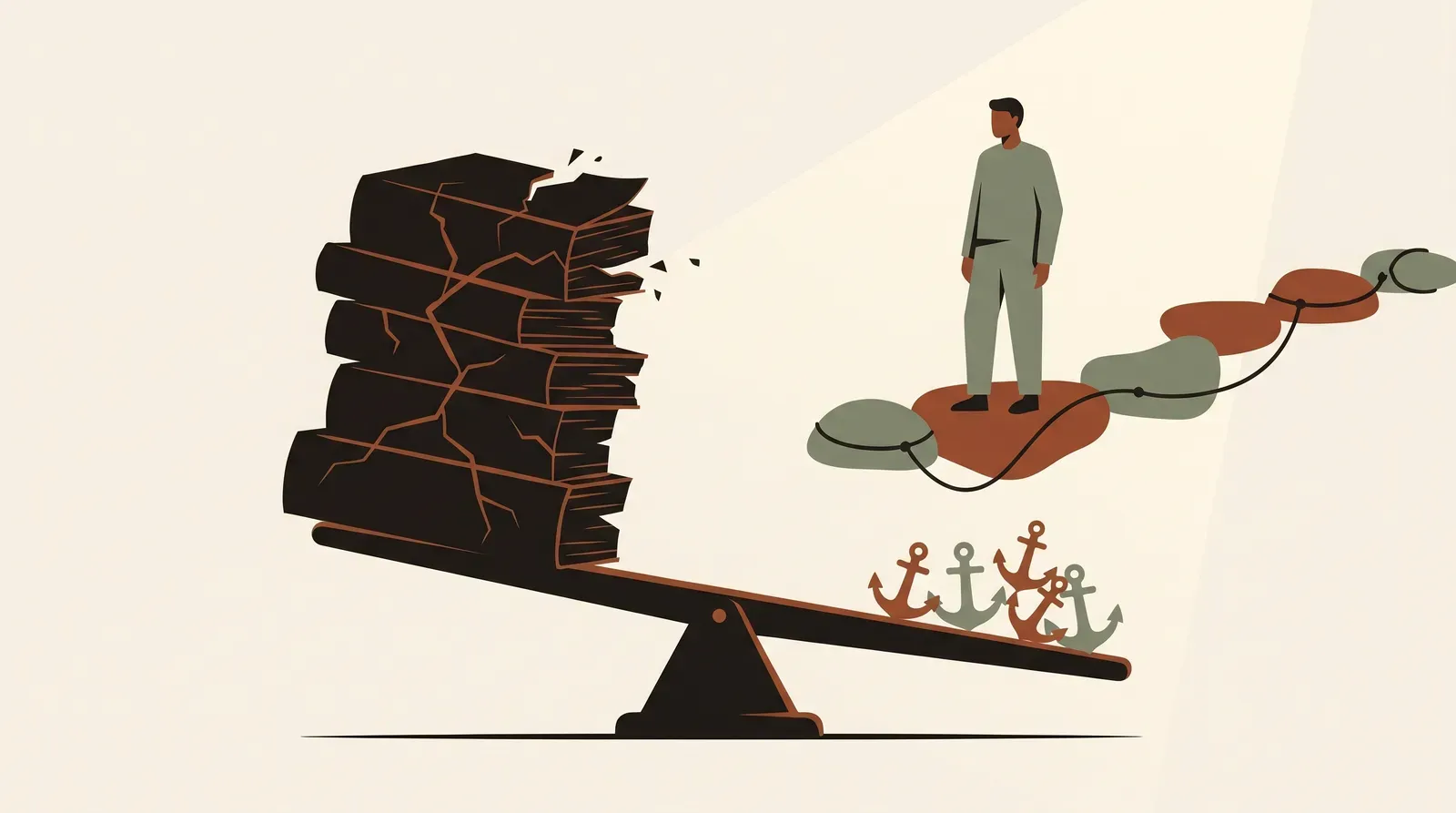 Editorial-Illustration zum Thema „Frei sprechen ohne Skript: Mit 5 Anker-Punkten statt auswendig lernen' in warmen Terracotta- und Salbeitönen im Lindoza-Proberaum-Stil