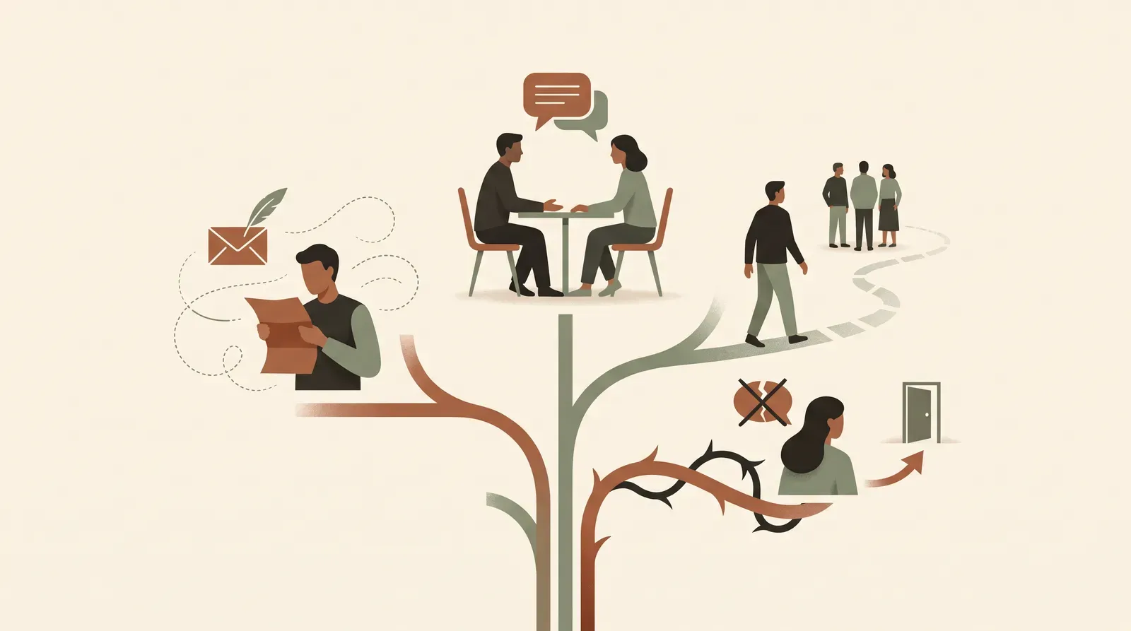 Editorial-Illustration zum Thema „Freundschaft beenden: Gespräch, Brief oder Ausschleichen?' in warmen Terracotta- und Salbeitönen im Lindoza-Proberaum-Stil