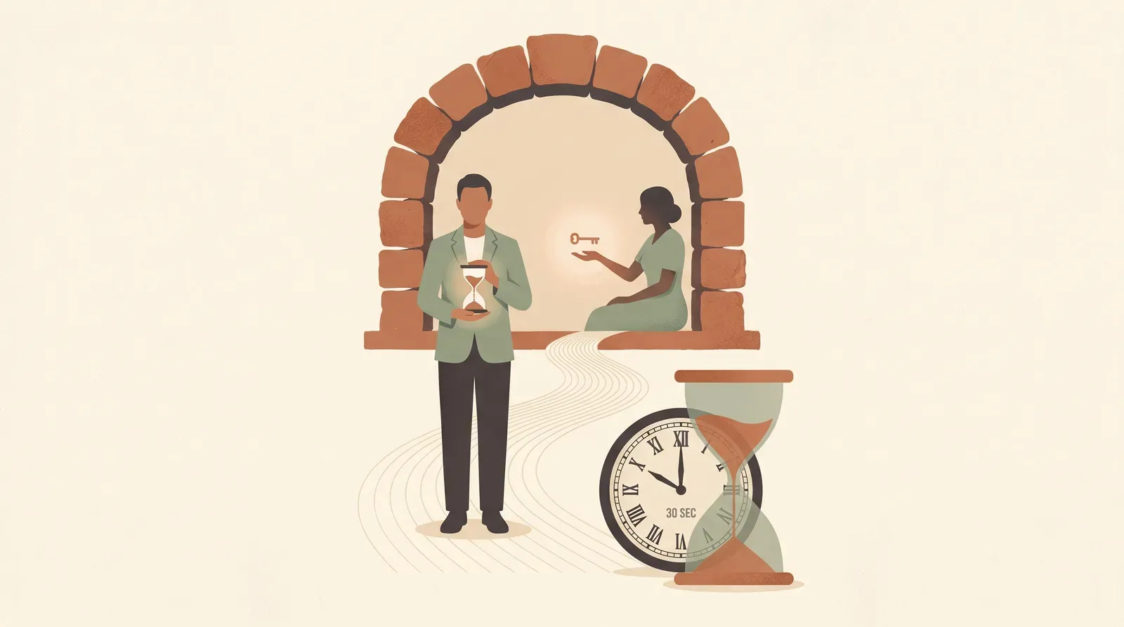 Editorial-Illustration zum Thema „Gatekeeper überwinden: Wie Sie am Sekretariat durchgestellt werden' in warmen Terracotta- und Salbeitönen im Lindoza-Proberaum-Stil