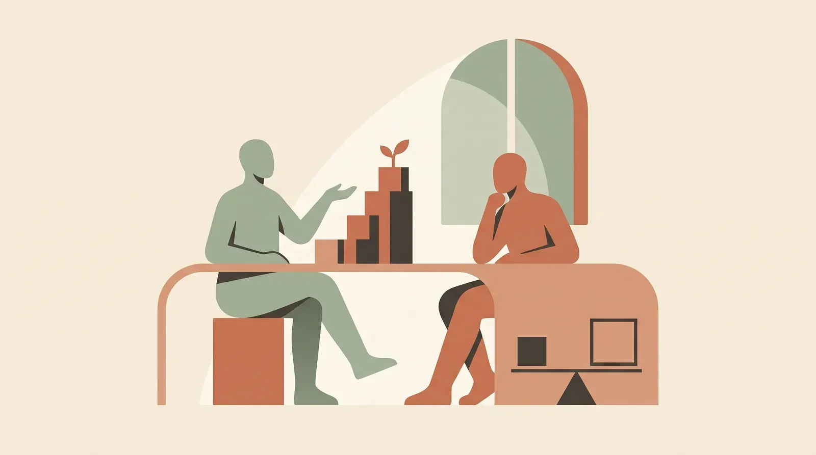 Editorial-Illustration zum Thema „Gehalt nach der Probezeit verhandeln: Zeitpunkt und Argument' in warmen Terracotta- und Salbeitönen im Lindoza-Proberaum-Stil