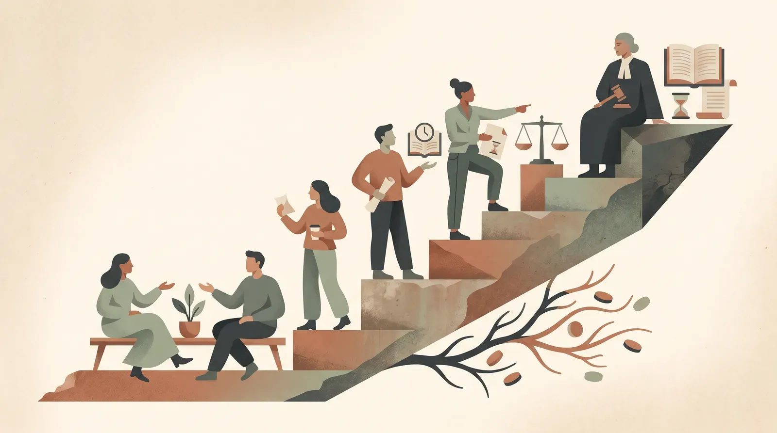 Editorial-Illustration zum Thema „Geld von Freund zurückfordern: Skript, Frist und Rechtslage' in warmen Terracotta- und Salbeitönen im Lindoza-Proberaum-Stil