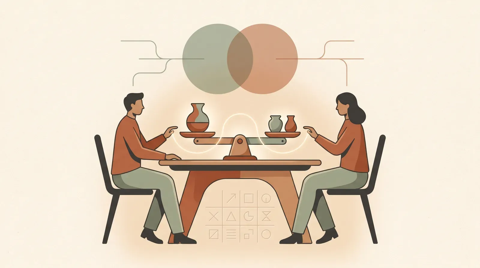 Editorial-Illustration zum Thema „Gemeinsames oder getrenntes Konto? Mit der Fairness-Formel entscheiden' in warmen Terracotta- und Salbeitönen im Lindoza-Proberaum-Stil
