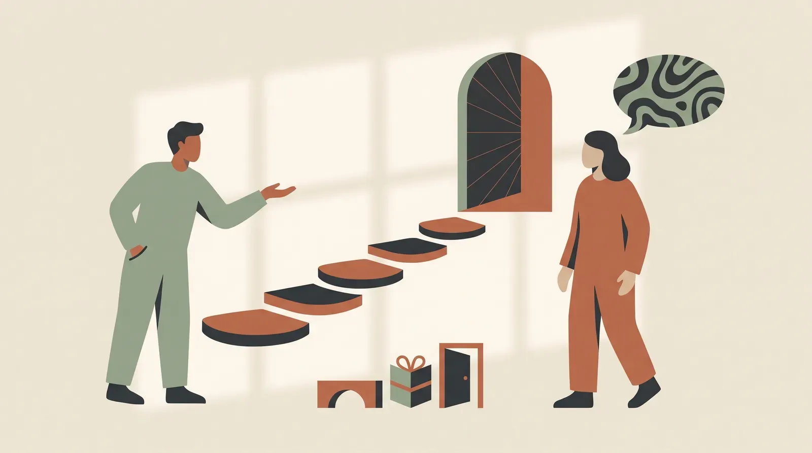 Editorial-Illustration zum Thema „Gespräch elegant beenden: Brücke-Dank-Tür plus Skala' in warmen Terracotta- und Salbeitönen im Lindoza-Proberaum-Stil