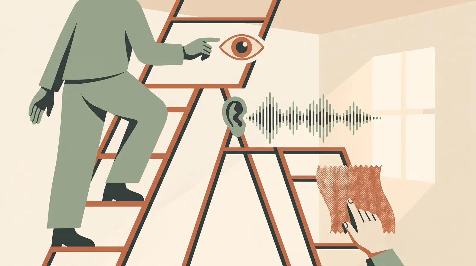 Editorial-Illustration zum Thema „Gespräch visualisieren: Mit allen Sinnen statt nur positiv denken' in warmen Terracotta- und Salbeitönen im Lindoza-Proberaum-Stil