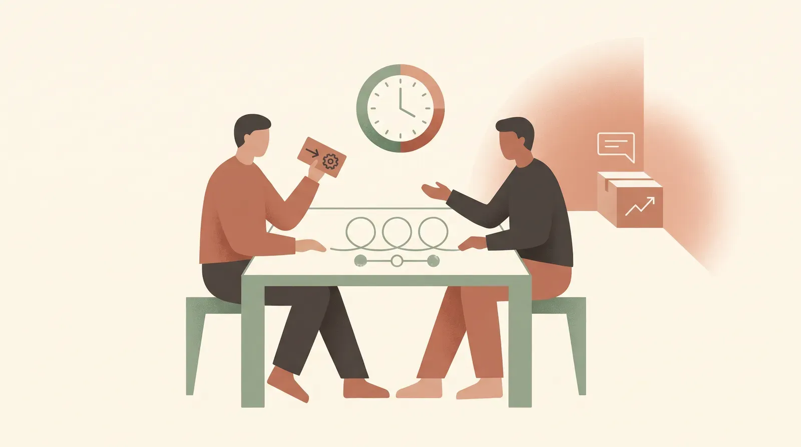Editorial-Illustration zum Thema „Gespräch zu zweit üben: Rollenspiel mit Partner aufsetzen' in warmen Terracotta- und Salbeitönen im Lindoza-Proberaum-Stil