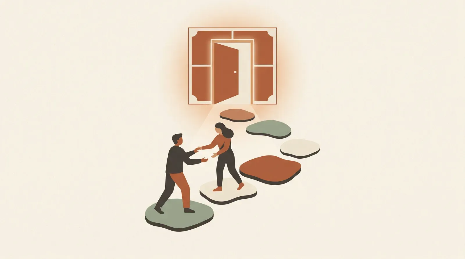 Editorial-Illustration zum Thema „Gesprächsleitfaden erstellen: Skript fürs schwierige Gespräch' in warmen Terracotta- und Salbeitönen im Lindoza-Proberaum-Stil
