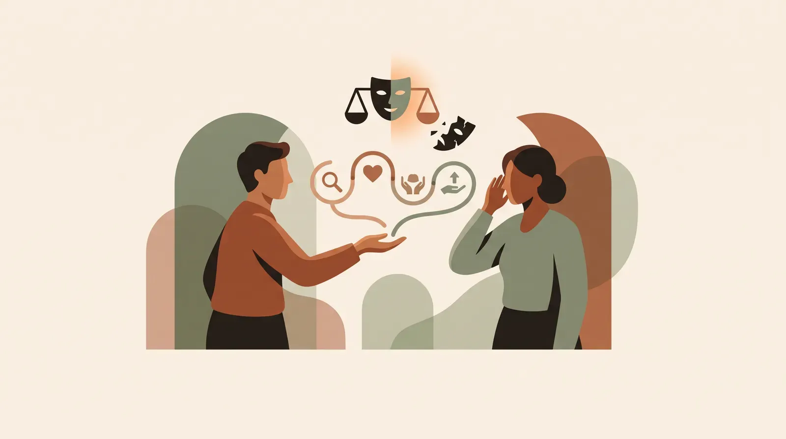 Editorial-Illustration zum Thema „GFK in 4 Schritten anwenden, ohne dass es aufgesetzt wirkt' in warmen Terracotta- und Salbeitönen im Lindoza-Proberaum-Stil