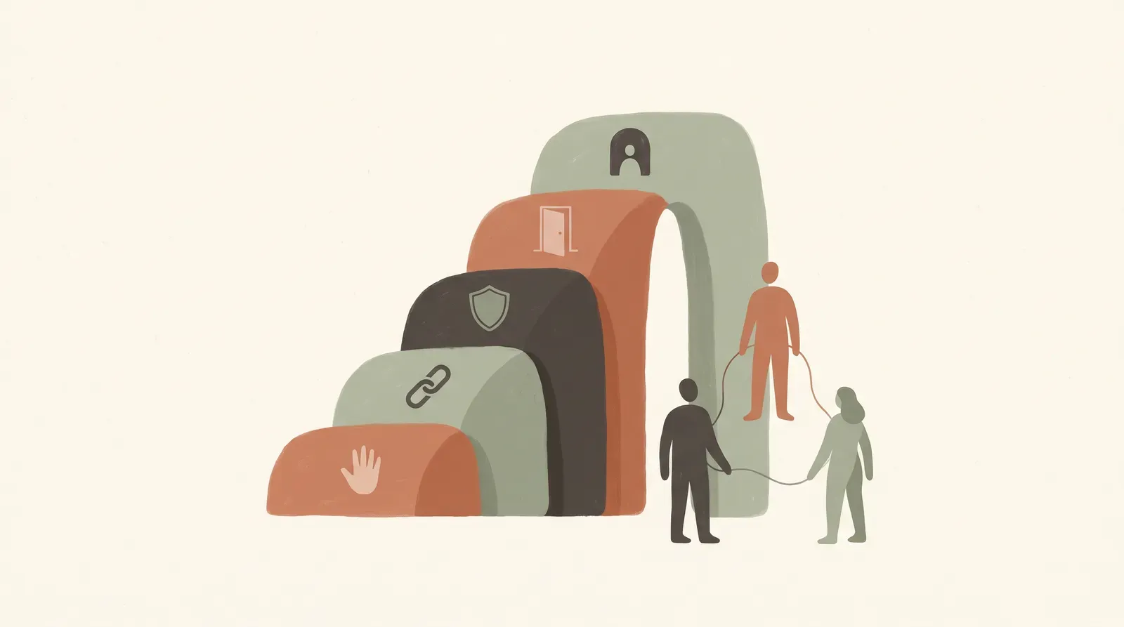Editorial-Illustration zum Thema „Grenzen setzen in der Familie & bei Schwiegereltern: der Guide' in warmen Terracotta- und Salbeitönen im Lindoza-Proberaum-Stil
