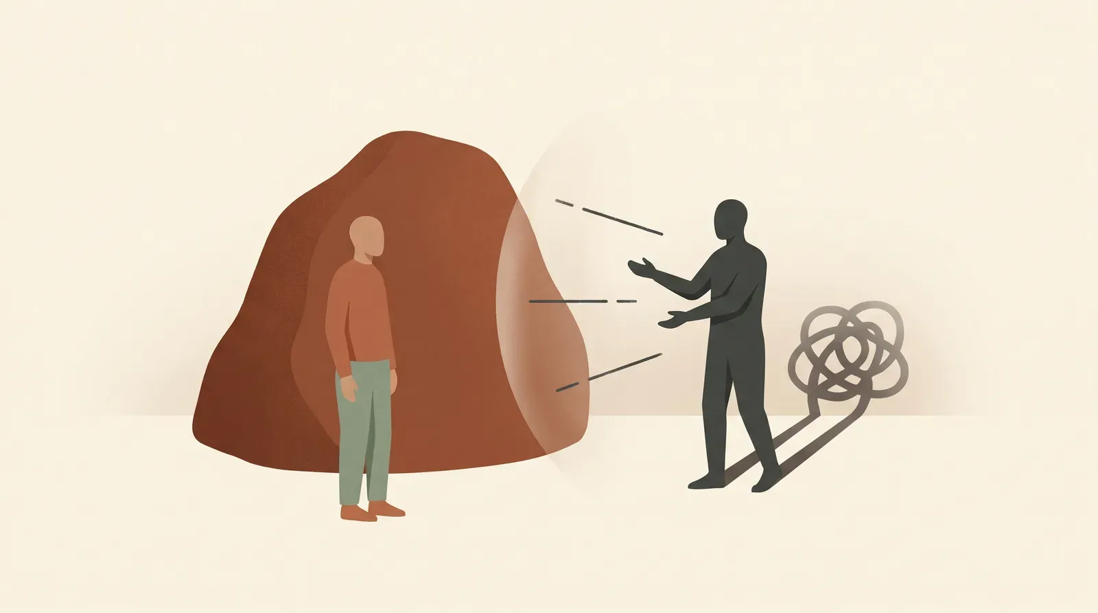 Editorial-Illustration zum Thema „Grey-Rock-Methode richtig anwenden: wann sie wirkt und wann sie schadet' in warmen Terracotta- und Salbeitönen im Lindoza-Proberaum-Stil