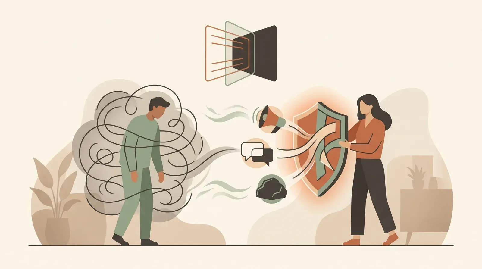 Editorial-Illustration zum Thema „Guilt-Tripping kontern: Manipulation entlarven (ENV-Methode)' in warmen Terracotta- und Salbeitönen im Lindoza-Proberaum-Stil