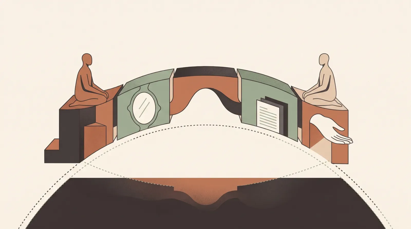 Editorial-Illustration zum Thema „Jemanden überzeugen ohne zu manipulieren: Die Überzeugungs-Brücke in 5 Schritten' in warmen Terracotta- und Salbeitönen im Lindoza-Proberaum-Stil