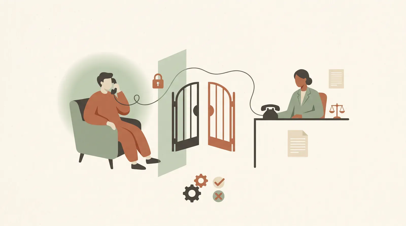 Editorial-Illustration zum Thema „Kaltakquise per Telefon erlaubt? B2B vs. B2C nach UWG und DSGVO 2026' in warmen Terracotta- und Salbeitönen im Lindoza-Proberaum-Stil