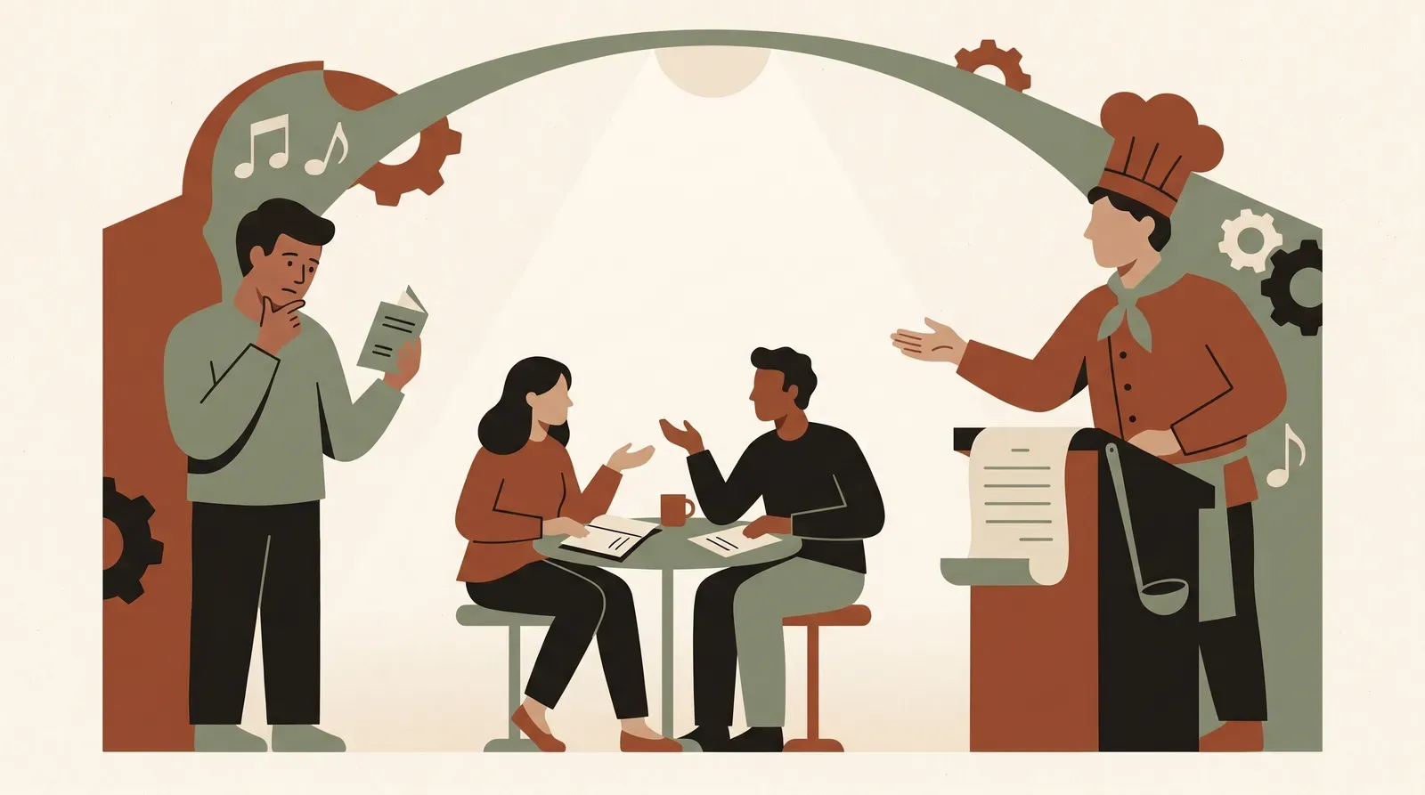 Editorial-Illustration zum Thema „Keine Einarbeitung im neuen Job: Wie du dir selbst ein Onboarding verschaffst' in warmen Terracotta- und Salbeitönen im Lindoza-Proberaum-Stil