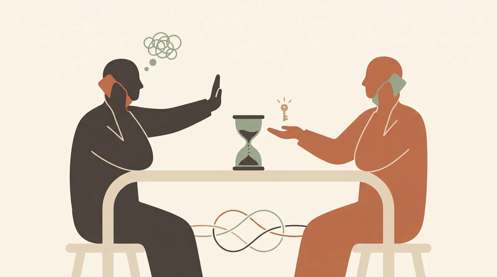 Editorial-Illustration zum Thema „„Keine Zeit“ am Telefon: Die 1-Satz-Antwort auf den Reflex-Satz' in warmen Terracotta- und Salbeitönen im Lindoza-Proberaum-Stil
