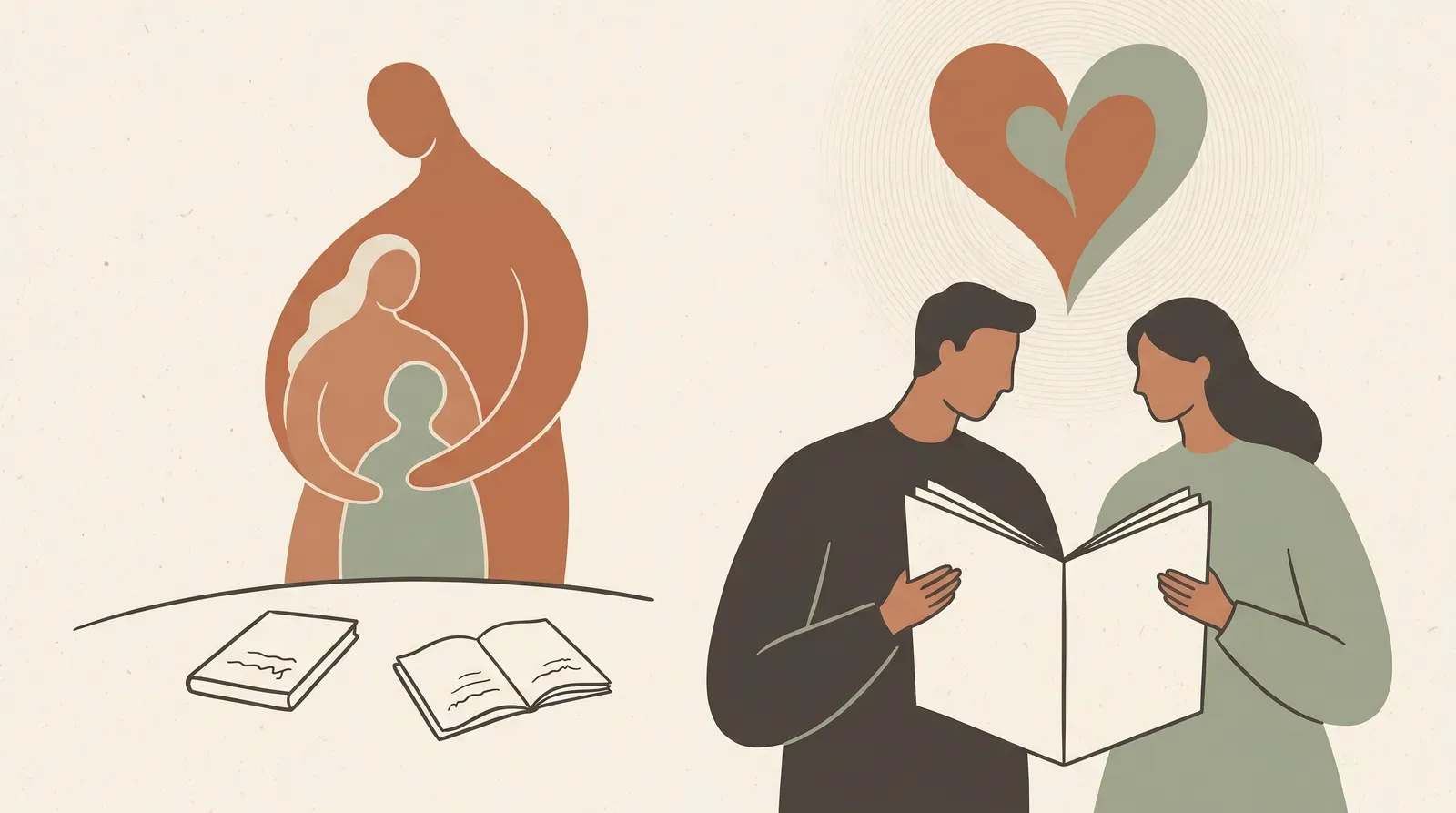 Editorial-Illustration zum Thema „Wie sage ich meinem Kind, dass wir uns trennen? Skript nach Alter' in warmen Terracotta- und Salbeitönen im Lindoza-Proberaum-Stil