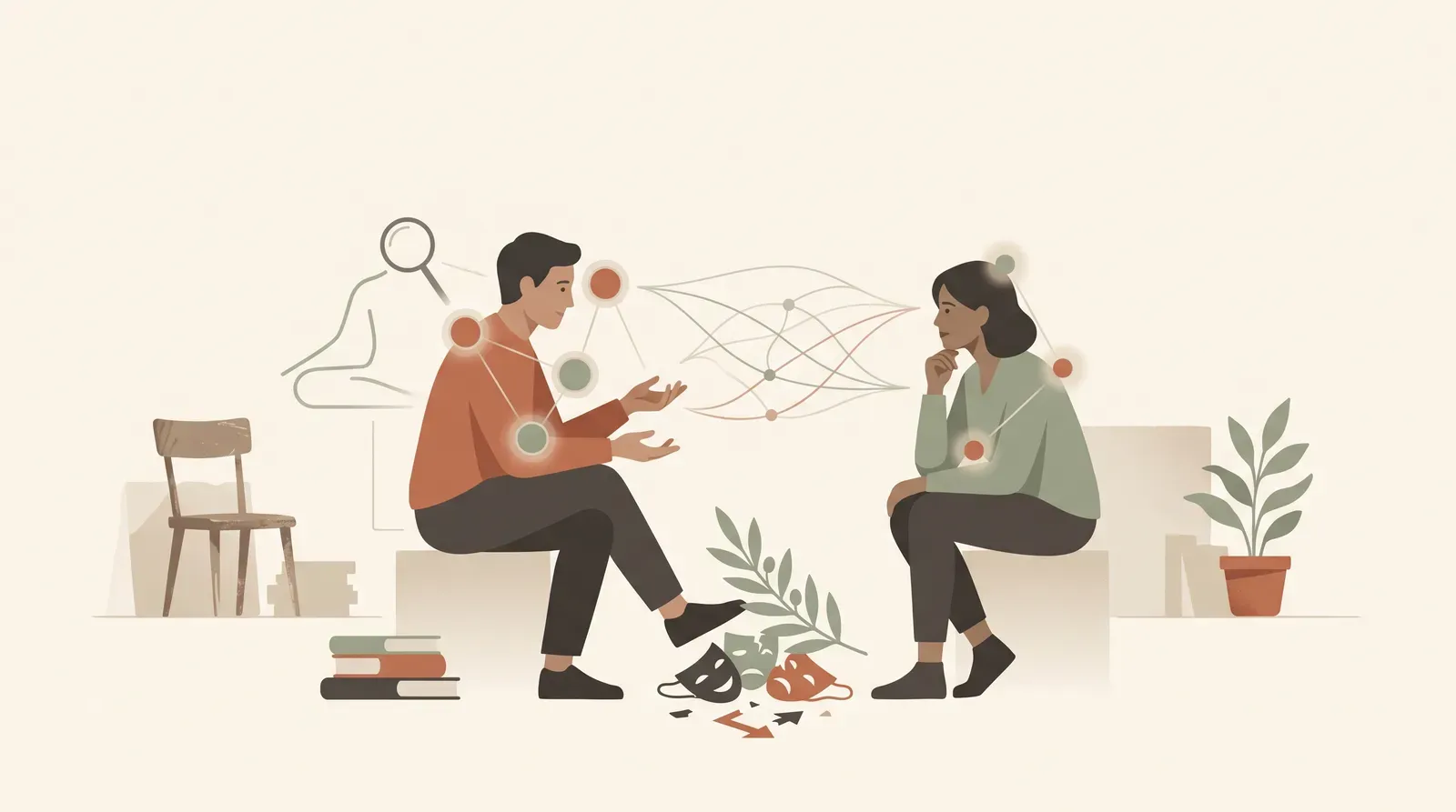 Editorial-Illustration zum Thema „Körpersprache lesen und einsetzen: Die Signal-Cluster-Regel statt Mythen' in warmen Terracotta- und Salbeitönen im Lindoza-Proberaum-Stil