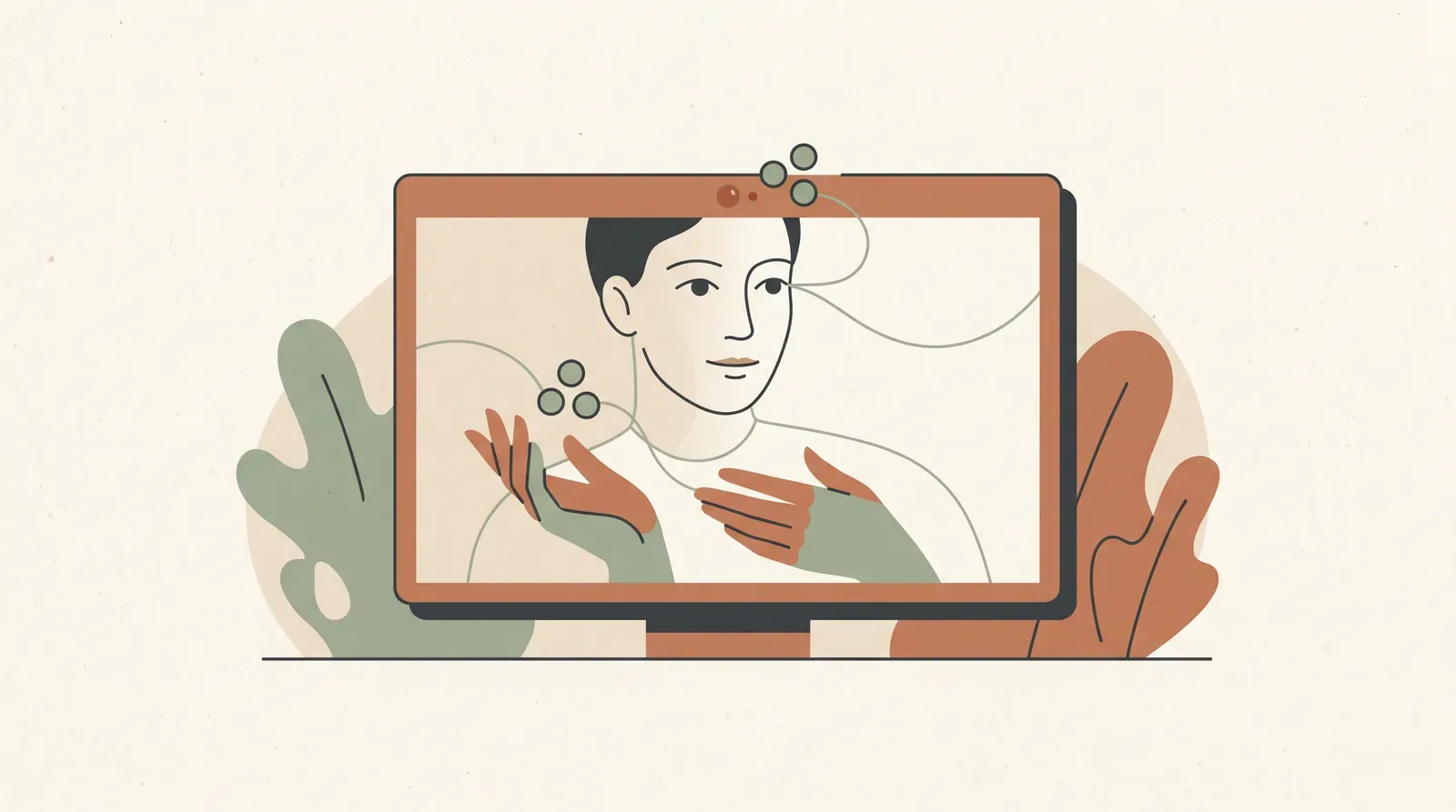 Editorial-Illustration zum Thema „Körpersprache im Videocall: Präsenz vor der Kamera ohne Bildschirm-Starren' in warmen Terracotta- und Salbeitönen im Lindoza-Proberaum-Stil
