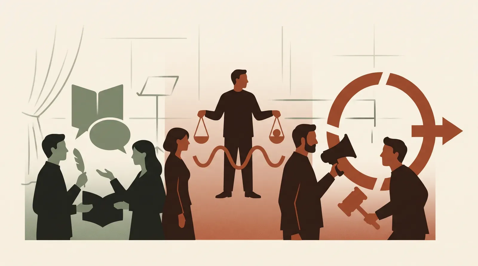 Editorial-Illustration zum Thema „Konflikte im Team schlichten: Das Eskalations-Thermometer für Führungskräfte' in warmen Terracotta- und Salbeitönen im Lindoza-Proberaum-Stil