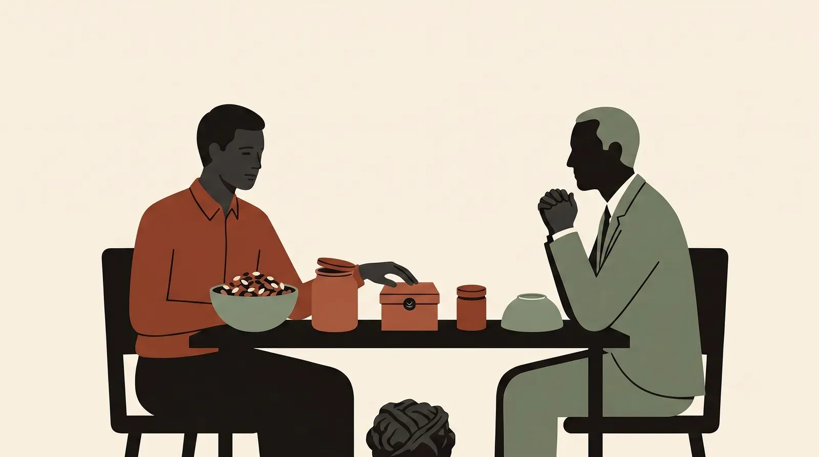 Editorial-Illustration zum Thema „Kündigungsgrund nennen oder nicht? Was du dem Chef sagst' in warmen Terracotta- und Salbeitönen im Lindoza-Proberaum-Stil