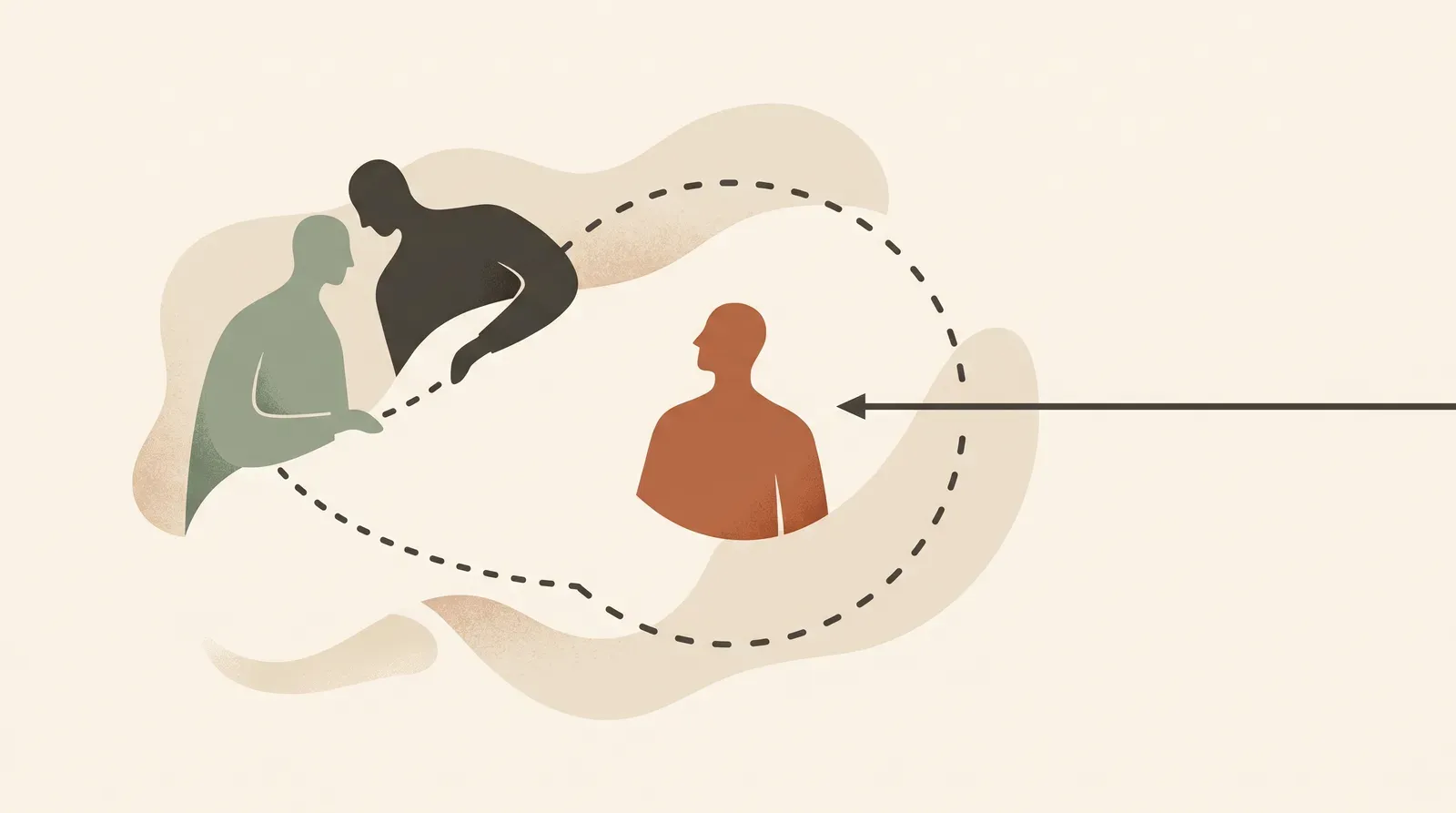 Editorial-Illustration zum Thema „Lästern im Team stoppen: Die Triangulations-Falle und der eine Gegen-Satz' in warmen Terracotta- und Salbeitönen im Lindoza-Proberaum-Stil